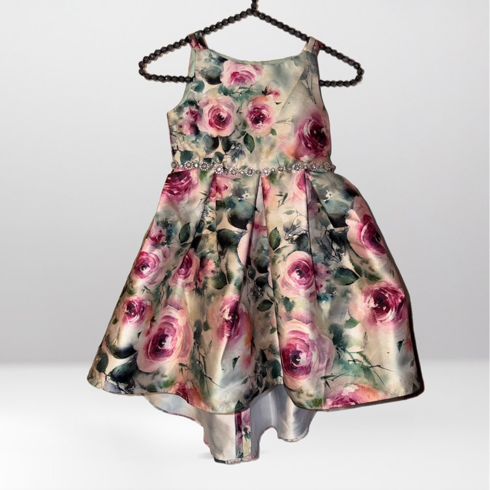 Rare Editions Fancy Floral Mikado Rhinestone Hi-Low Dress